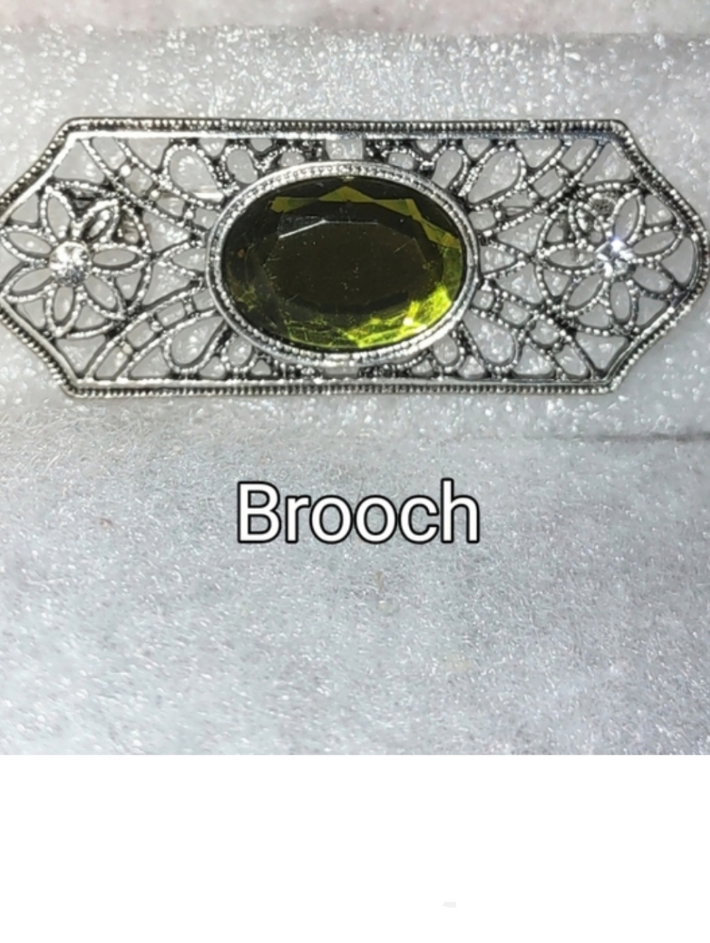 Silver Filigree Bar Pin w/ Olivine Green Rhinestone